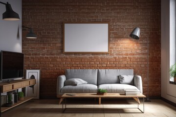 An example of contemporary home interior design for the living area. Mock white picture frame against the wall on a wooden shelf. daylight. brick walled loft interior design. include the clipping path