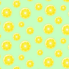 Lemon sliced Seamless pattern on green background. For posters, logos, labels, banners, stickers, product packaging design, etc. Vector illustration