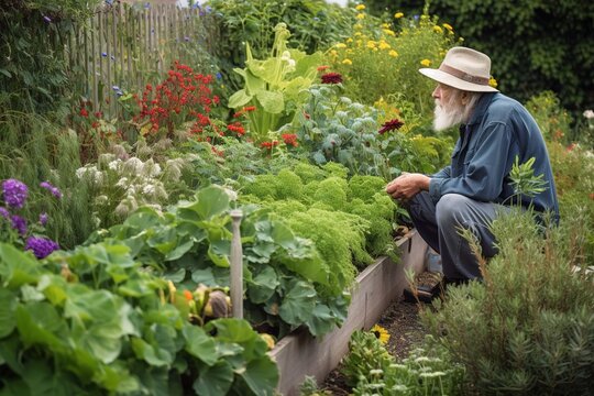 Mature old man gardening at his backyard on her vegetable garden. Generative AI