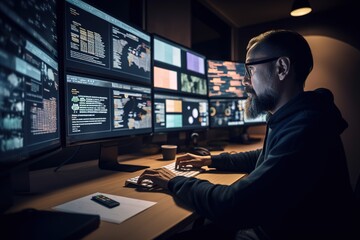 Obraz na płótnie Canvas Program developer worker working at night. Generative AI