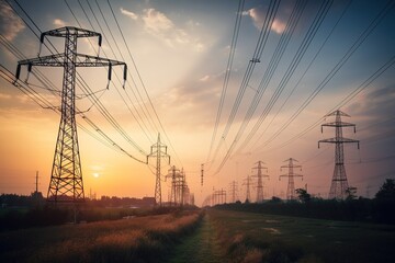Power transmission grid in rural area with dramatic sunset. Generative AI