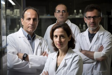 Fototapeta premium Team of scientist posing and looking at camera in workplace. Generative AI