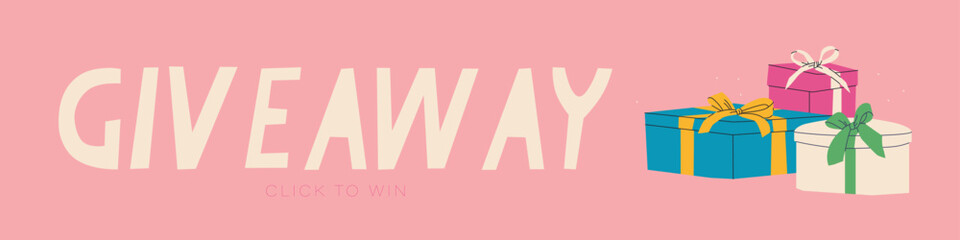 Web banner giveaway. Composition of various gift boxes with bows. Vector flat isolated illustration.