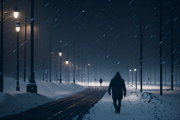 person walking in the snow at night