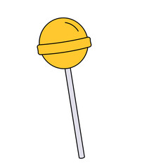 Yellow lollipop. Round candy on a stick in trendy retro style. Y2k and 90s design. Isolated vector illustration on white background.