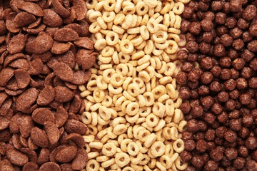 Variety of cold cereals, quick breakfast for kids overhead shot