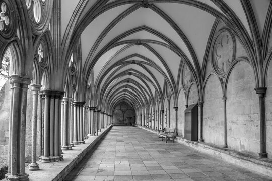 black and white of cloisters at Salisbury Cathedral Wiltshire England