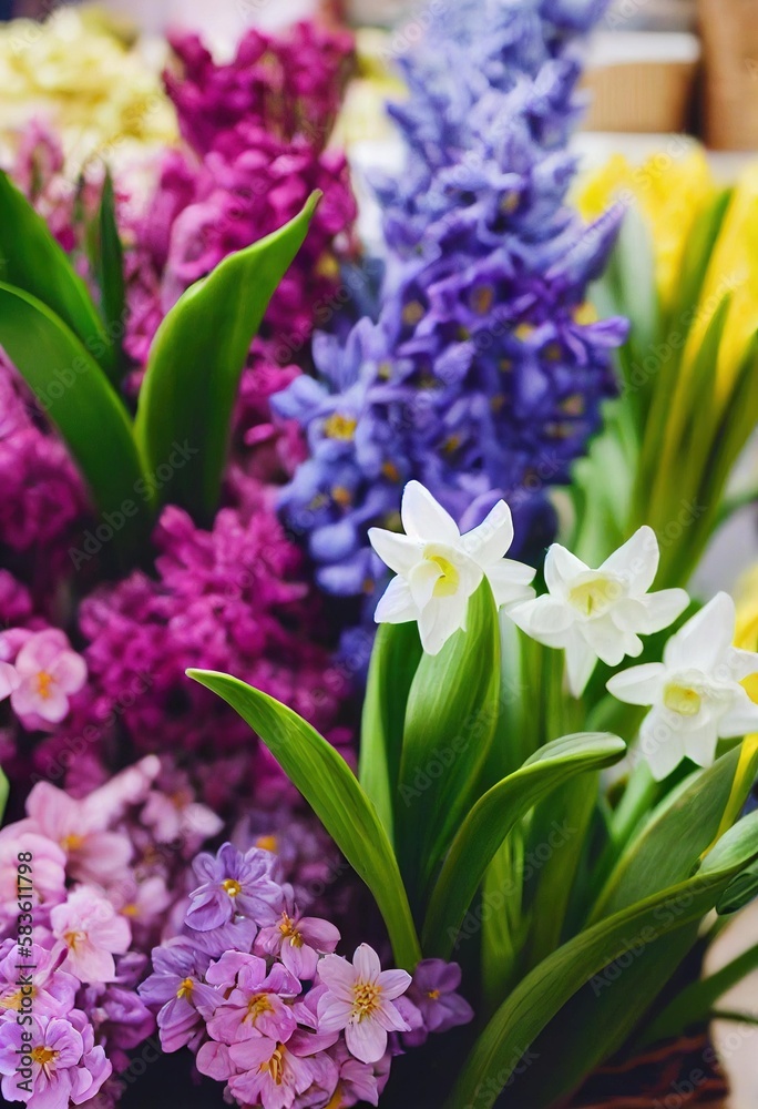 Poster fluffy phlox with gently green leaves wallpaper flowers base., created with generative ai