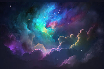 Fantasy-themed night sky, picture book style, bright stars and galaxies, colorful nebulae, moon or planets visible, clouds or mist in the sky. Generative AI illustration.