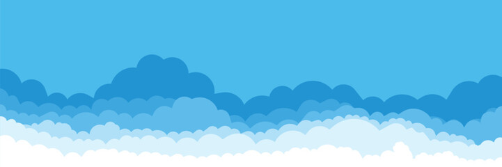 Blue sky with white clouds background. Cloud border. Simple cartoon design. Flat style vector illustration.
