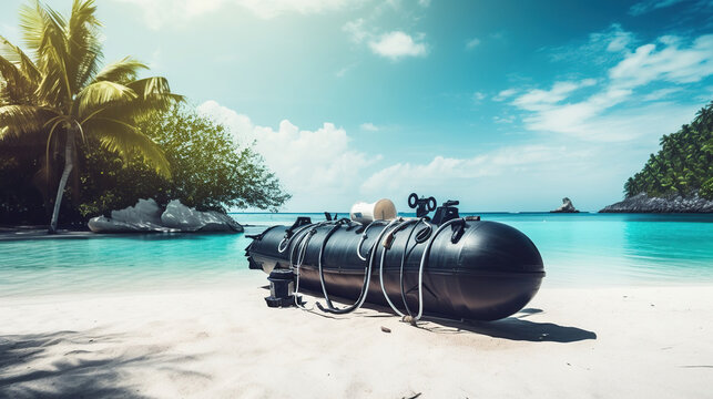 Concept of scuba diving with air tank and equipment lying on a boat in front of a tropical paradise beach with turquoise sea and palm trees. Generative Ai