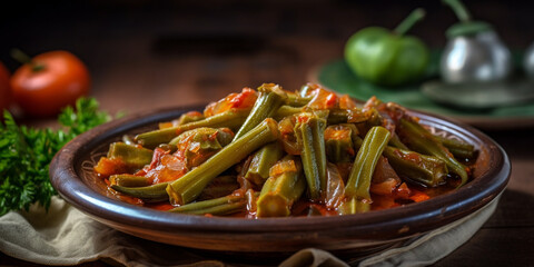 A plate of bamieh, okra stewed with tomato and onion generated by AI