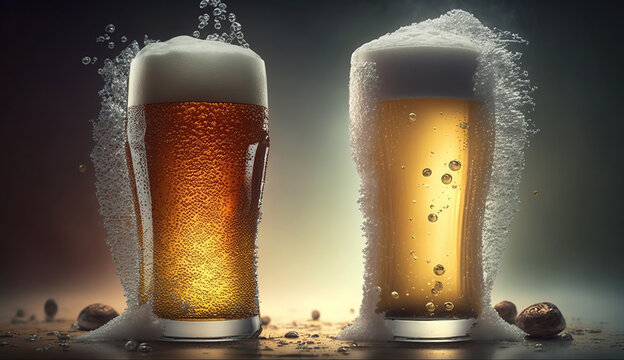 Two cold beers with foam, Generative Ai