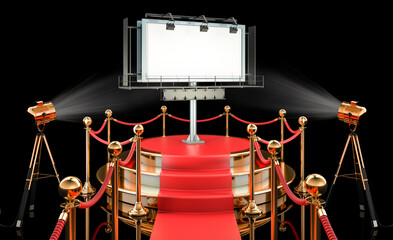 Podium with outdoor advertising billboard. 3D rendering