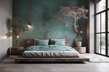 Zen eastern bedroom with master bed, light, and decors has walls made of plaster that is concrete molded in beige and turquoise. background with copy space that is cozy. Showcase for relaxation, inter