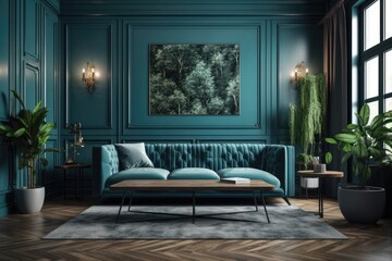 Example of a living room with a luxurious, traditional green wall panel and blue furniture. Generative AI