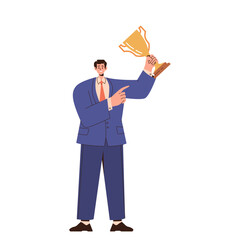 Successful businessman smiling and pointing at award goblet cup in hand isolated on white background