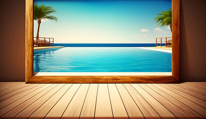 empty wooden surface with summer travel hotel swimming pool background