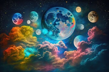 Obraz na płótnie Canvas Fantasy-themed night sky, picture book style, bright stars and galaxies, colorful nebulae, moon or planets visible, clouds or mist in the sky. Generative AI illustration.