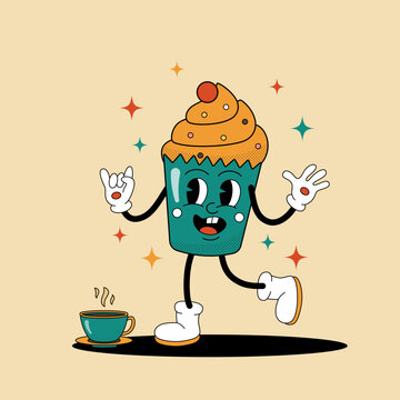 Comic flat cupcake with face on decorated background. Vector cartoon illustration in groovy retro style with bakery and coffee cup. Square image of cute tasty character with smile for poster or design