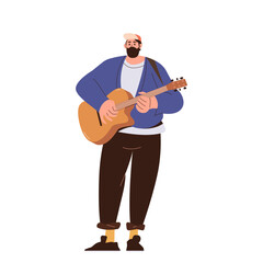 Hipster rock man holding and playing acoustic guitar enjoying live music instrument performance