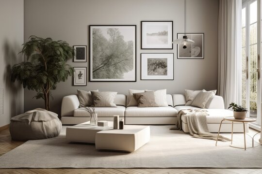 With a design neutral sofa, coffee table, mock up poster frames, carpet, décor, and attractive personal accessories in home decor, the modern composition in the contemporary living room interior is