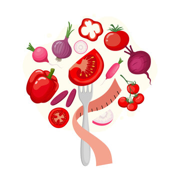 Vector image of tomato slices on a fork with a red centimeter tape and vegetables around. Vegetable illustration for the concept of healthy eating, vegan, fresh vegetables, etc. 