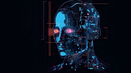 AI avatar on screen in a hi tech atmosphere, showcasing a futuristic virtual assistant, blending digital communication and AI innovation. Generative AI
