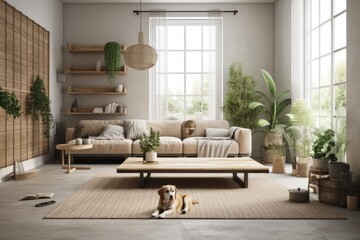 A fashionable modular beige sofa, wooden coffee tables, plants, pillows, plaid, a plain room divider, decorations, and attractive accessories make up the living room's interior design. modern interior