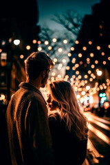 Fototapeta premium A couple in love lean on each other and cuddle in the city as the evening fades and the street lights glow. Back view. Generative AI