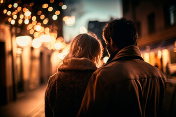 A couple in love lean on each other and cuddle in the city as the evening fades and the street lights glow. Back view. Generative AI
