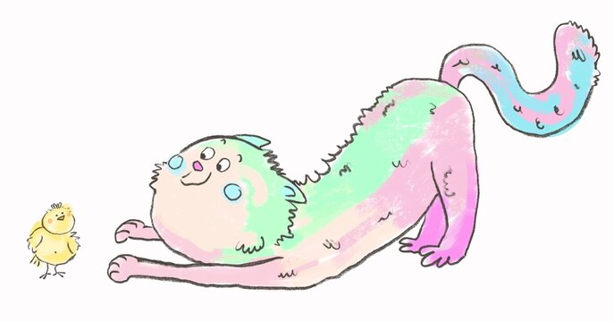 A funny cartoon multicolor cat character with a little chicken. Bright pastel colorful shades. Hand drawn illustration. Doodle kitty. Stretching yoga sketch. Fluffy domestic pet. Easter mood.