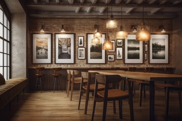 Mockup picture frame hanging in a bar or restaurant, a cozy interior with elegant and lovely furniture,. Generative AI