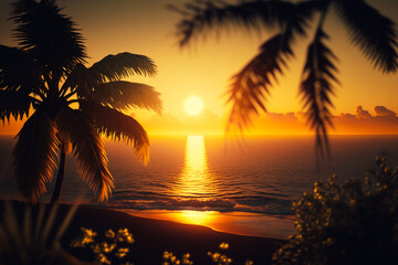 Sunset over the ocean with palm tree in the foreground and body of water in the background. Generative AI.