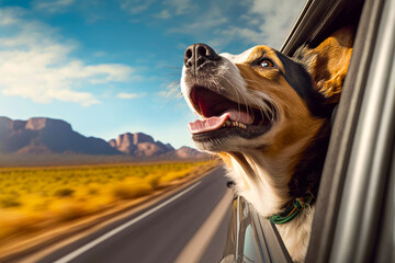 Dog sticking its head out of car window looking out the window. Generative AI.