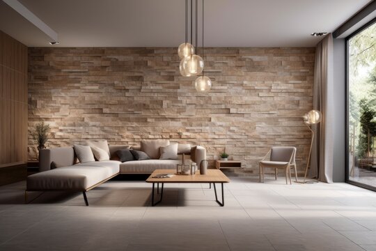 Photo realistic generic empty interior design with a light brown stone brick wall is appropriate for use as a virtual backdrop and in video conferences. Generative AI