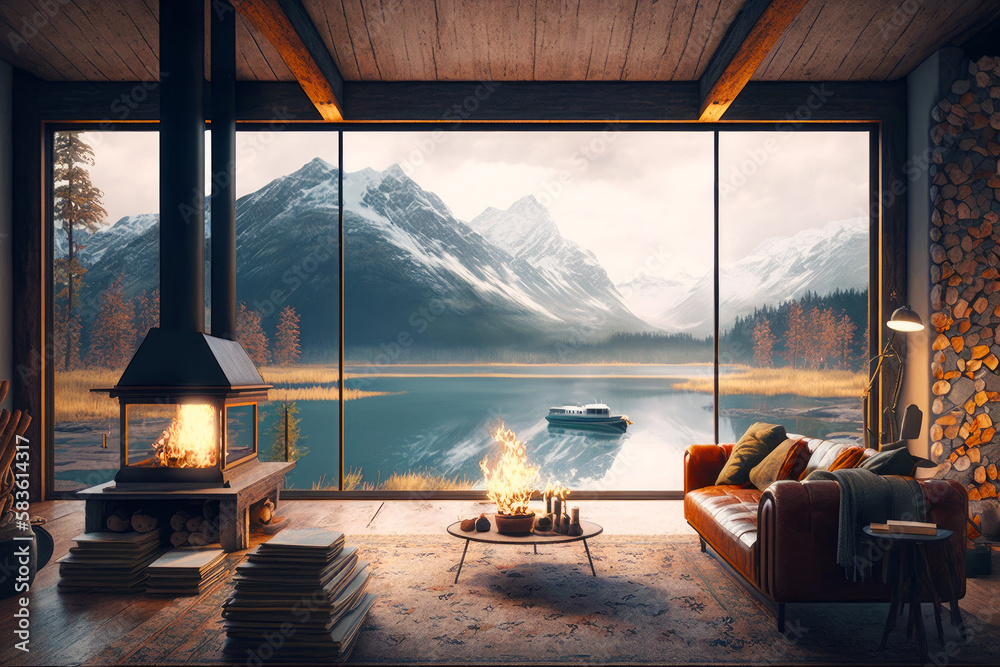 Sticker Living room with fire place and view of mountain range. Generative AI.