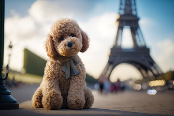 Dog sitting on the ground in front of the eiffel tower in paris. Generative AI.