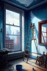 Ladder leaning against window in room with view of city. Generative AI.