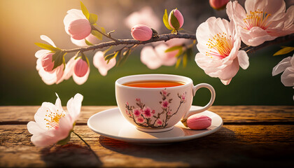 Fototapeta na wymiar Cup of tea sitting on top of wooden table next to pink flowers. Generative AI.