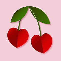 Cherry hearts in paper cut style. Couple of berries illustration. Vector.