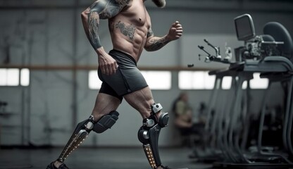 Obraz na płótnie Canvas Bionic limbs, a man with bionic prostheses instead of legs, rehabilitation, in the gym. Generative AI.