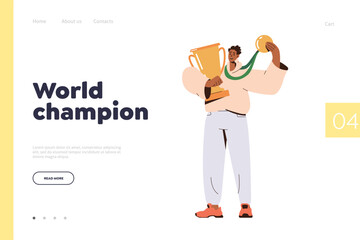 Obraz premium Landing page design template with world champion man character holding trophy cup and medal