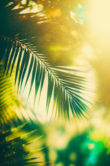 Close up of palm leaf with the sun shining in the background. Generative AI.