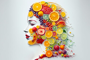 Drawing of woman's face made of fruit and veggies. Generative AI.