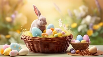 Easter bunny in basket on spring background, Easter painted eggs, religion and holidays. Generative AI
