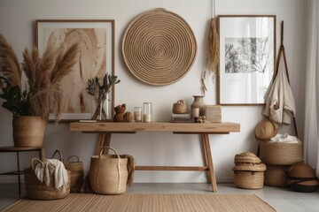 A bohemian style living area with a mock up poster frame, attractive rattan accents, dried flowers in a vase, a wooden console, and a hanging hut. Generative AI