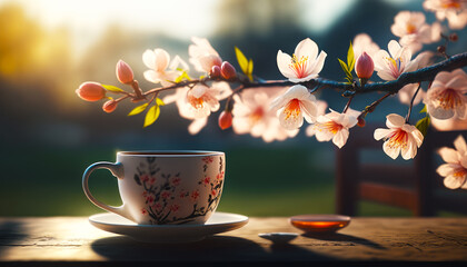 Naklejka na ściany i meble Tea cup and saucer sitting on table next to branch of blossoming tree. Generative AI.