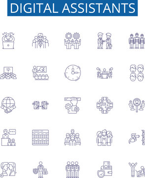 Digital assistants line icons signs set. Design collection of Virtual, Assistants, Digital, Siri, Alexa, Cortana, Bixby, Google outline concept vector illustrations