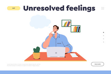 Unresolved feelings landing page template with cartoon thoughtful man working on laptop in office